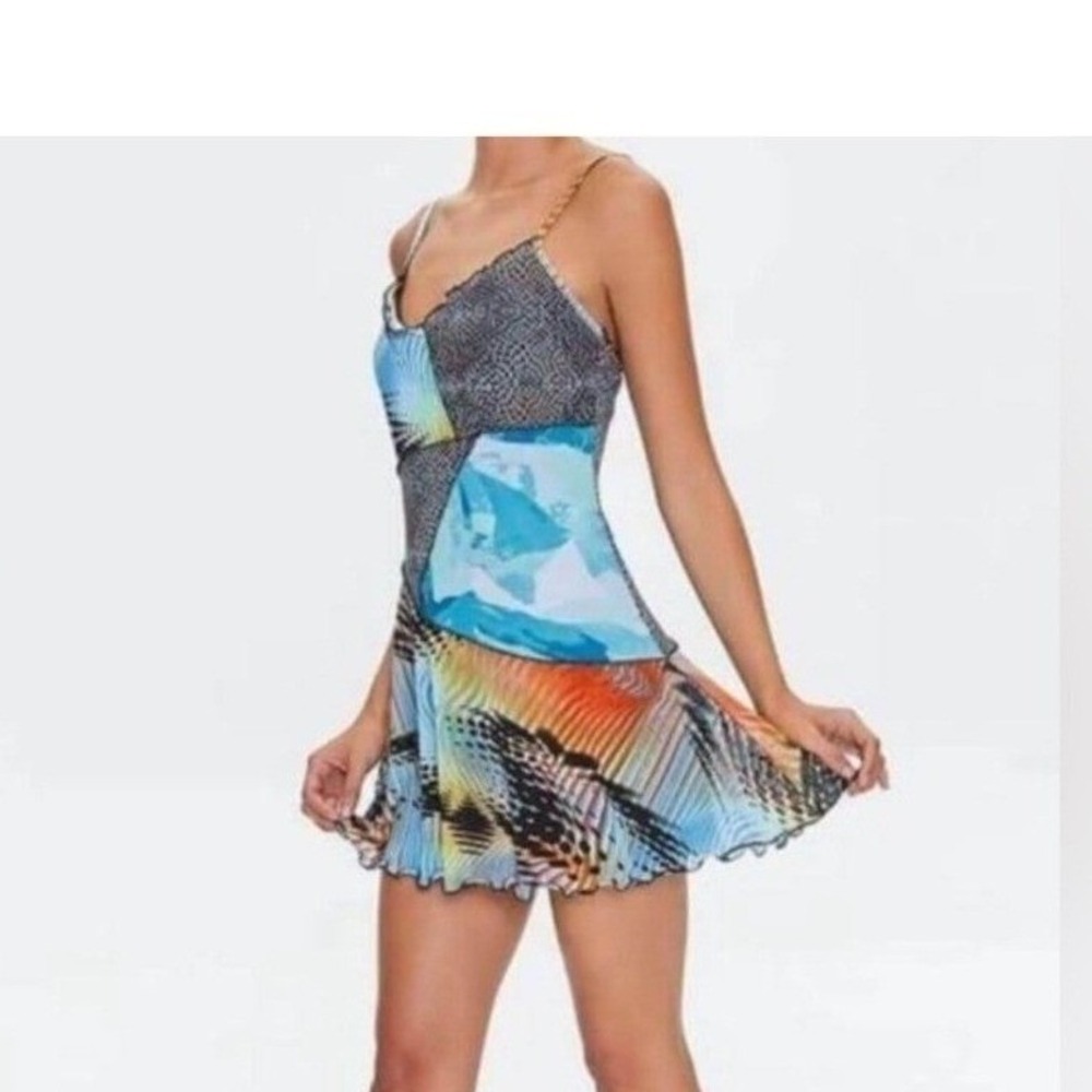 Forever 21 Mini Dress Women L Colorful Y2K Mesh Patchwork Abstract Cybercore - Picture 2 of 8